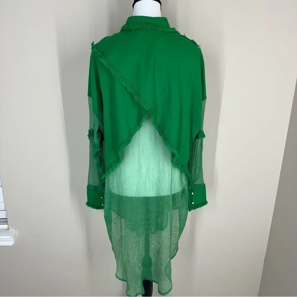 TOV Los Angeles Green Sheer Button-Down Shirt with Frayed Detailing Pockets M - Picture 5 of 9